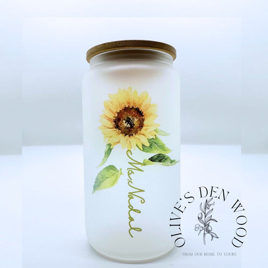 Glass Tumbler | SUNFLOWER with name personalized tumblers with straw & lid |