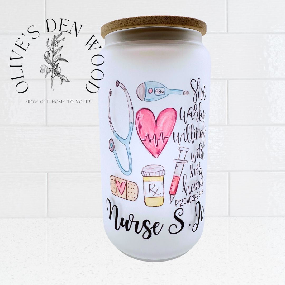Glass Tumbler | NURSE with name personalized tumblers with straw & lid |