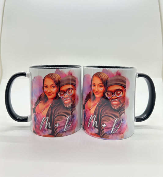 Coffee mugs for couples with photos and names | turn your photos into CARTOONS | upload photo | personalized mugs